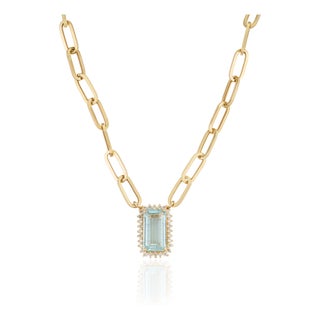 2.26ct Emerald-Cut Aquamarine & Diamond Halo Paperclip Chain Necklace in 14k Gold For Sale