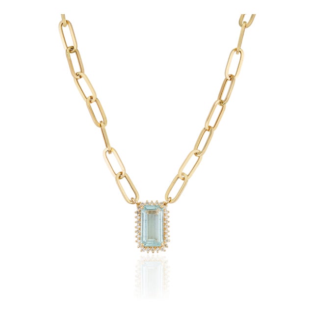 2.26ct Emerald-Cut Aquamarine & Diamond Halo Paperclip Chain Necklace in 14k Gold For Sale