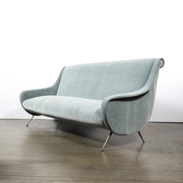 1960s Mid-Century Lady Sofa in Powder Blue Velvet Mohair & Brass Legs by Marco Zanuso For Sale - Image 5 of 16