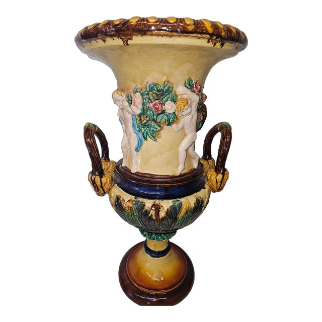 Monumental Size English Majolica Classical Handled Urn Attributed to Minton For Sale