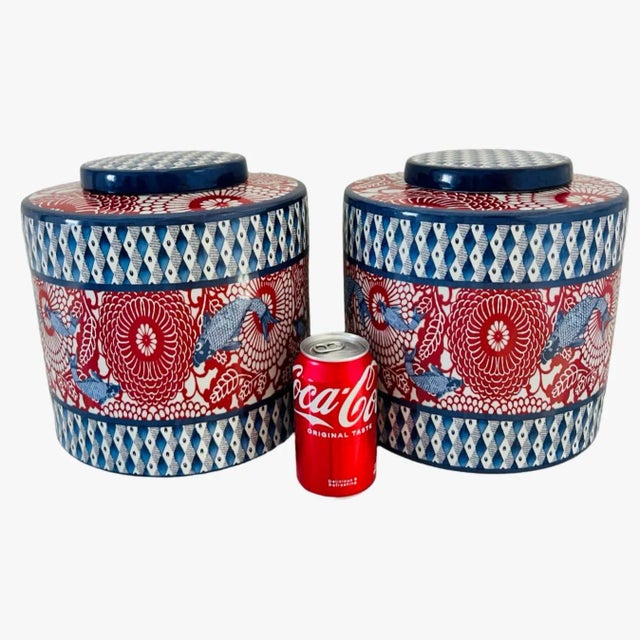 Chinoiserie Vintage Modern Asian Chinoiserie Large Ginger Jars, Koi Fish Pattern, Designed by Jean Dange Paris, a Pair For Sale - Image 3 of 12