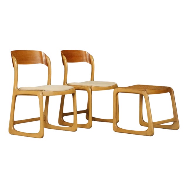Pair of 1970s Bentwood Chairs & Caned Ottoman by Baumann France, Signed For Sale