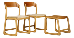 Pair of 1970s Bentwood Chairs & Caned Ottoman by Baumann France, Signed