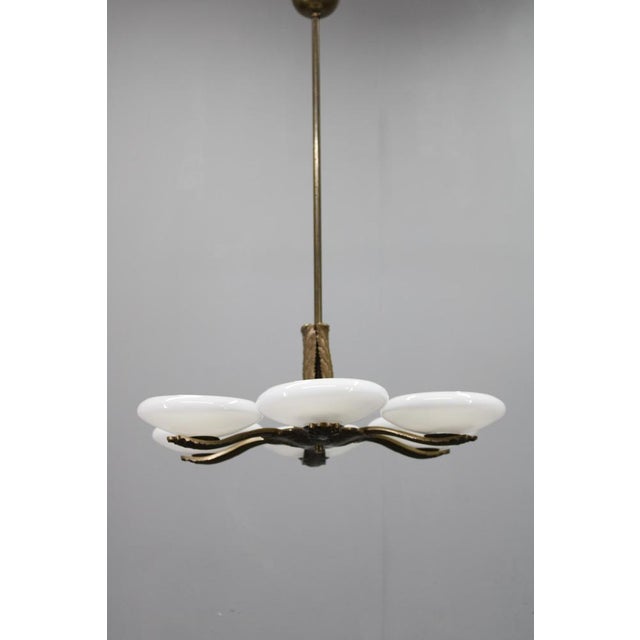 Art Deco Brass Chandelier with 6 Glass Shades, Former Czechoslovakia, 1930s For Sale - Image 4 of 16