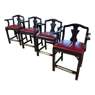 Vintage CTH Counter Height Wood Bar Stools With Red Leather Seats, Chippendale Styled For Sale