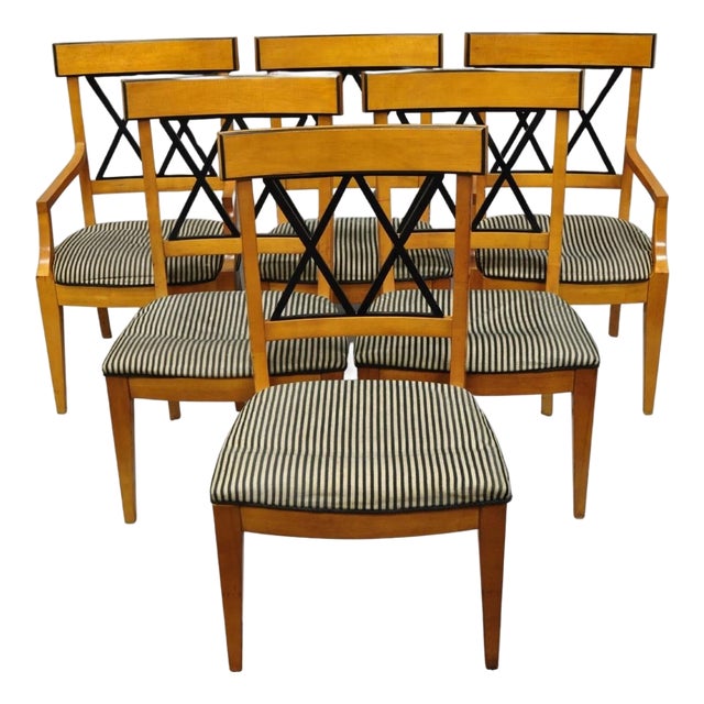 Biedermeier Empire Style Maple Wood Double X Back Dining Room Chairs - Set of 6 For Sale