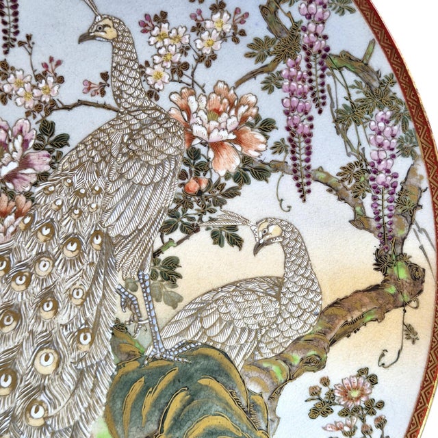 Large Meiji Japanese Satsuma Moriage Charger with Peacocks and Wisteria For Sale - Image 6 of 11