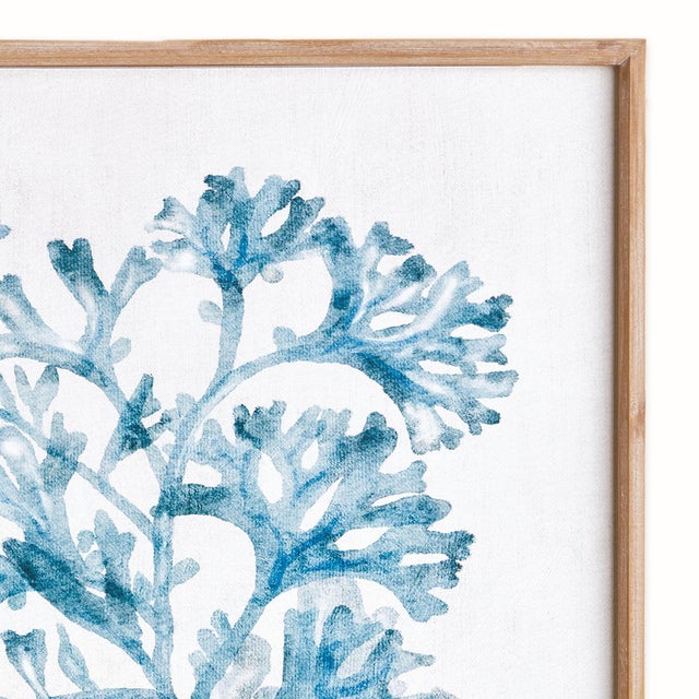 As elegant in style as it is in scale, this serene monochromatic blue coral framed print is signature upscale coastal...