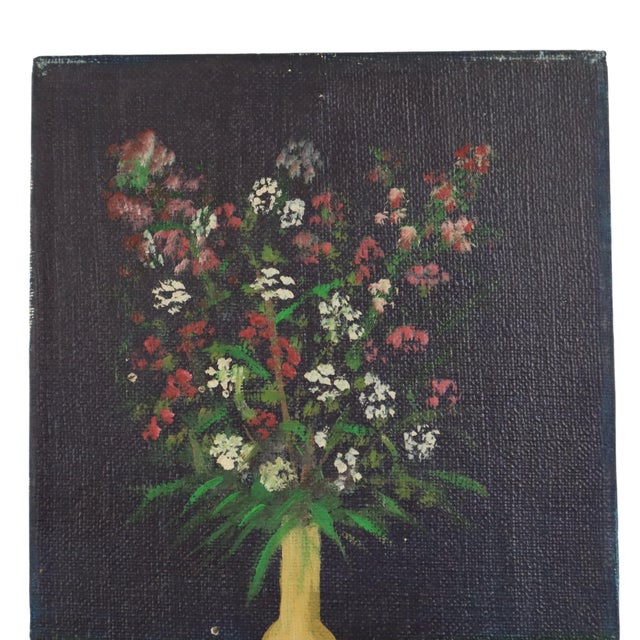 Small vintage floral still life, painting of a bouquet of flowers in a vase, signed and dated David M, 1980, Belgium, at...