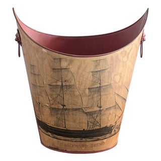 Vintage Decoupage Clipper Ship Tole Wastebasket With Lion Head Ring Handles For Sale