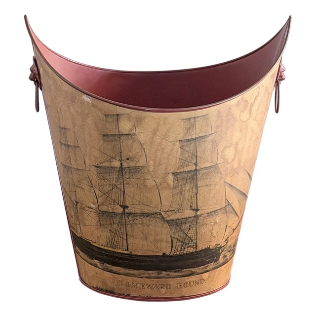 Vintage Decoupage Clipper Ship Tole Wastebasket With Lion Head Ring Handles For Sale