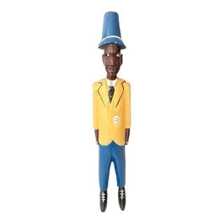 Vintage African Hand Carved Wood Colon Statue Gentleman Figure Yellow Suit 19" For Sale