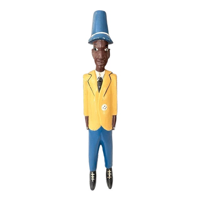 Vintage African Hand Carved Wood Colon Statue Gentleman Figure Yellow Suit 19" For Sale
