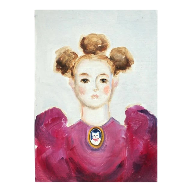 Storybook Portrait of Emma & Her Cat Sniffles Giclée Art Print (5"x7") by Susannah Carson For Sale