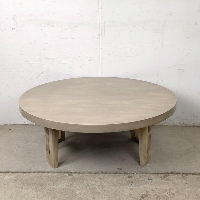 T.H. Robsjohn Gibbings Vintage Round Low Coffee Table With Cerused Finish and Arch Base For Sale - Image 4 of 12