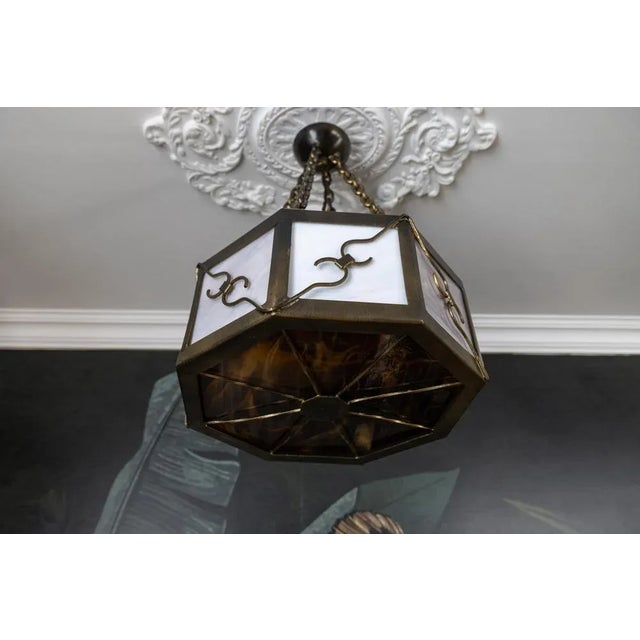 1950s Mid-Century Octagonal Patinated Metal and Art Glass Pendant Light, Germany For Sale - Image 5 of 18