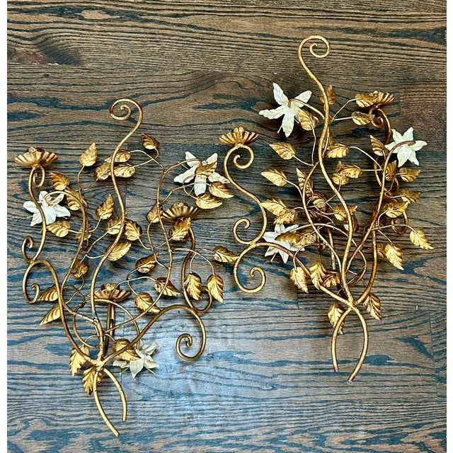 Pair Vintage Italian Hand Painted Gilt Tole Sconces For Sale In Kansas City - Image 6 of 6