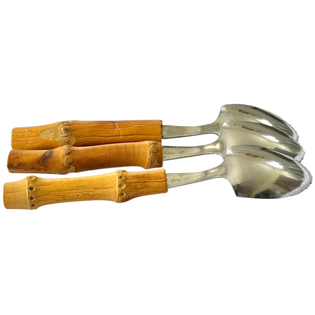 Japanese Vintage Japanese Bamboo Handle Stainless Steel Grapefruit Spoons - Set of 3 For Sale - Image 3 of 4
