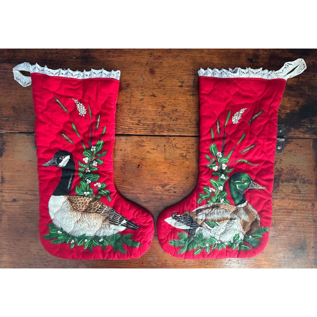 Vintage Mallard and Goose Christmas Stockings-A Pair For Sale - Image 4 of 10