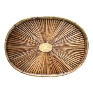 Vintage Rare Signed Gabriella Crespi “Rising Sun” Bamboo Rattan and Brass Oval Tray For Sale