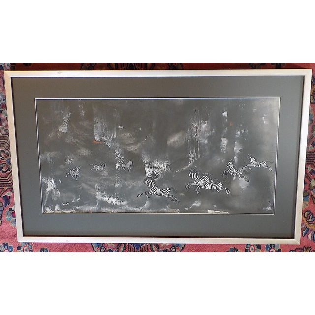 Original Vintage Nicola Ortis Poucette Signed/Framed Expressionist Gouache on Paper Zebras For Sale - Image 4 of 4