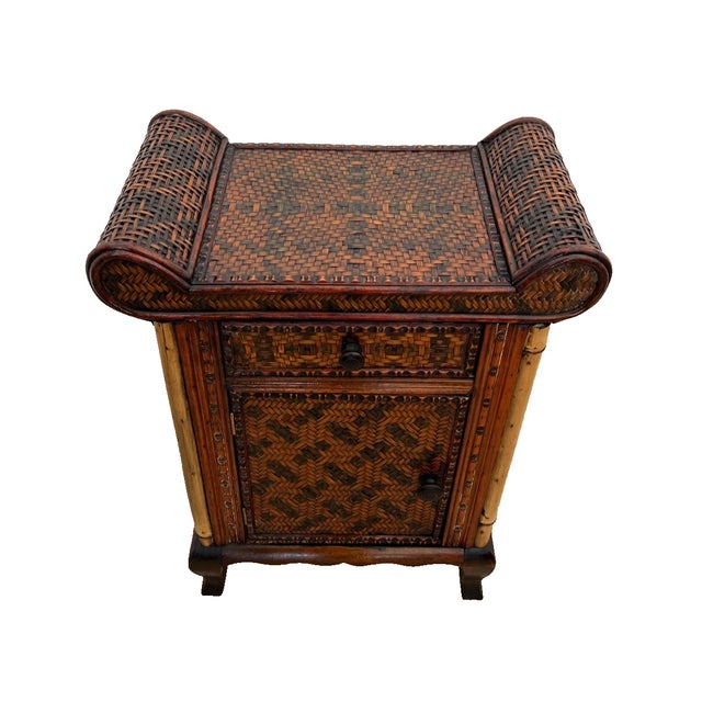 Brown 1960s Asian Mid Century Nightstand Cabinet With Drawer Wicker and Bamboo Curved Top For Sale - Image 8 of 13