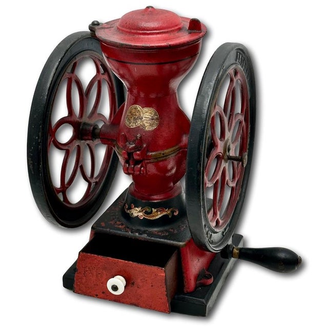 Rare Small 12.75 Inch Tall Antique Enterprise Philladelphia MFG Co. #2 Cast Iron Hand Crank Coffee Grinder in Excellent Original Paint. For Sale - Image 4 of 18