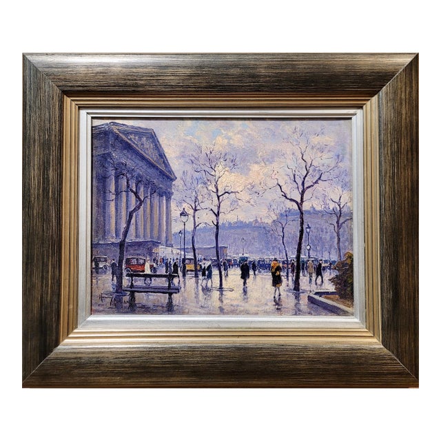 Henry Malfroy-1930s People in the Street at Place De La Madeleine,Paris-Oil Painting For Sale