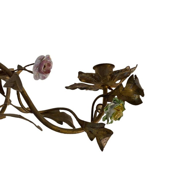 Golden Floral Lamp in Brass and Porcelain, 1930s For Sale - Image 6 of 9