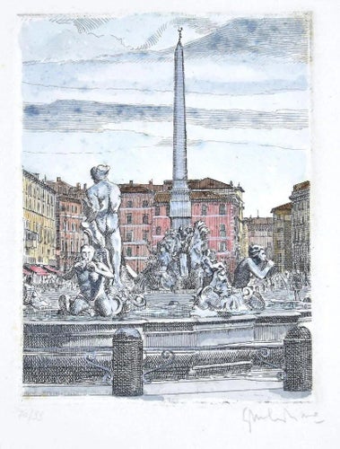Giuseppe Malandrino, Navona Square, Etching, 1960s Reproduction Prints