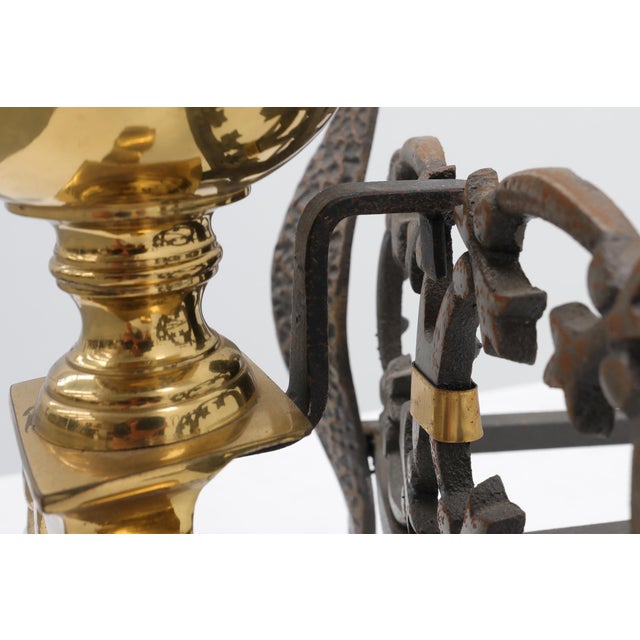 20th Century French Brass Firedogs and Wrought Iron Fireplace Grate, 1950s For Sale - Image 6 of 18