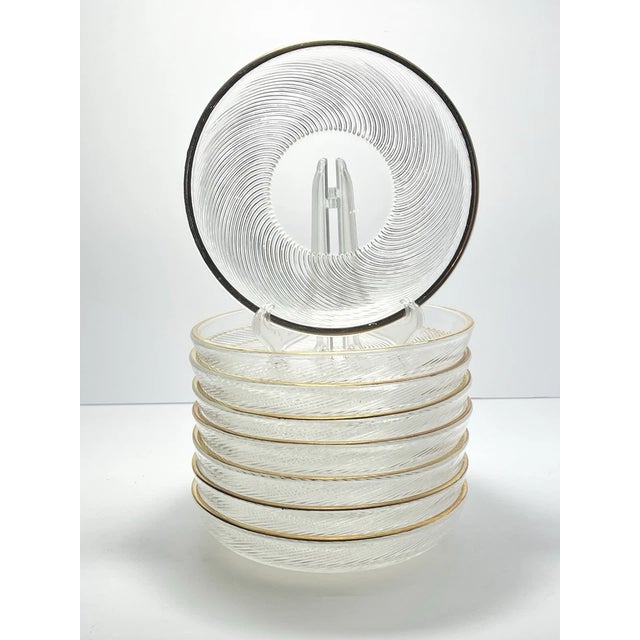 Set of 8 Contemporary Gold Rim Swirl Shallow Glass Bowl Dishes 7” Good contemporary condition. No chips, cracks, or...