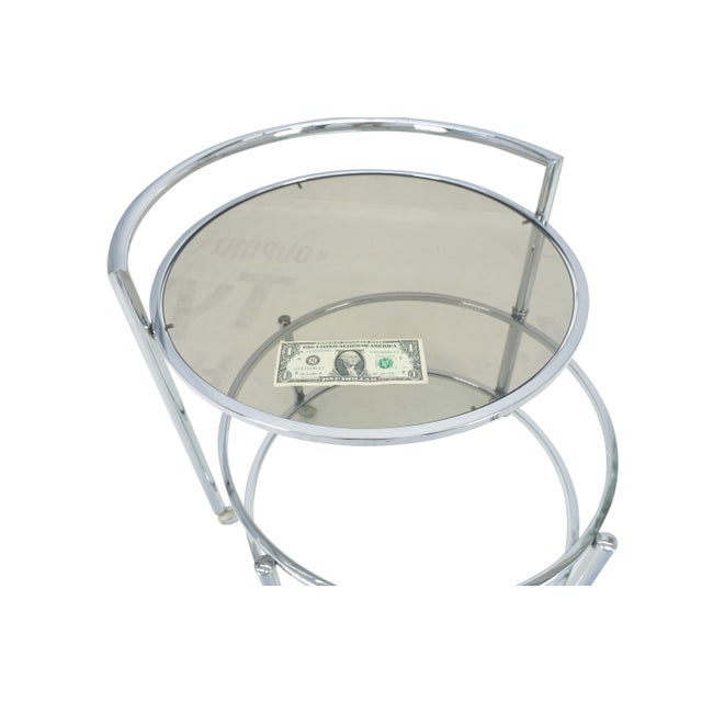 Milo Baughman Round Chrome & Smoked Glass Expandable Serving Tea Bar Cart Shepherd Castors For Sale - Image 4 of 12