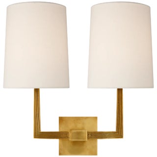Barbara Barry for Visual Comfort Signature Ojai Large Double Sconce in Soft Brass with Linen Shade For Sale