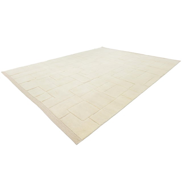 Contemporary Sculpted Ivory Moroccan Wool Rug Hand-Knotted Geometric High-Low For Sale - Image 12 of 12