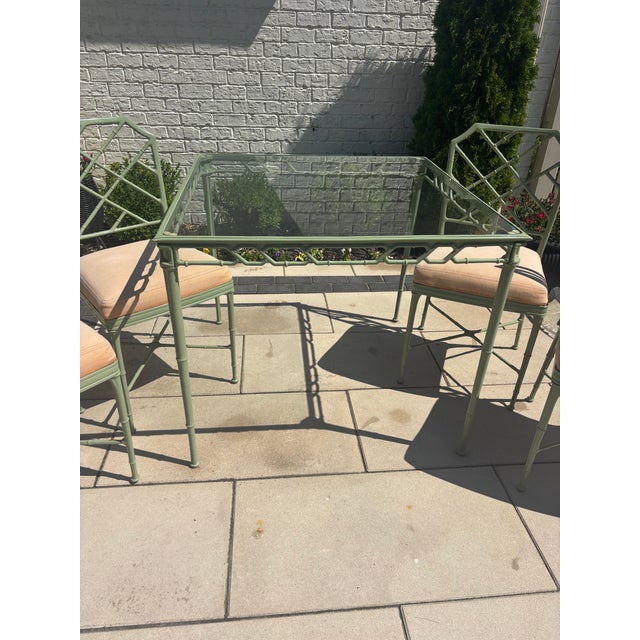 Vintage Powder Coated Brown Jordan Green Calcutta Chinoiserie Patio Dining Set For Sale - Image 12 of 12