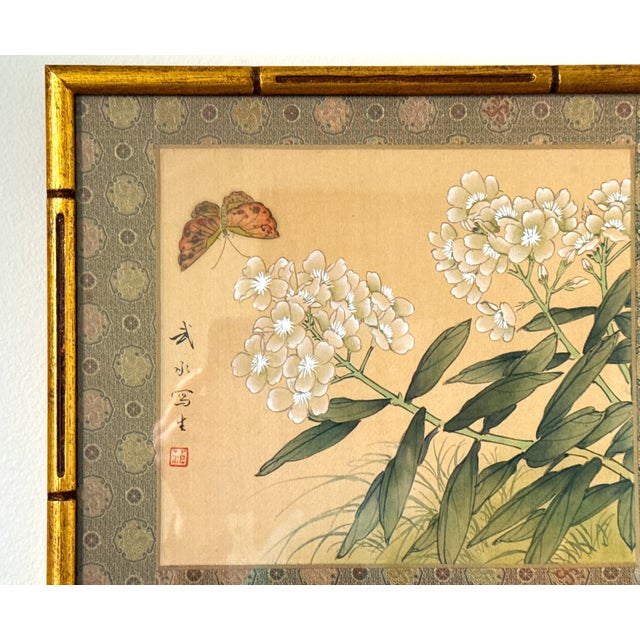 Chinese Original Chinese Botanical Painting in Gold Bamboo Frame For Sale - Image 3 of 5