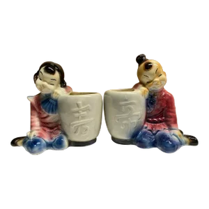 Vintage Royal Copley Ceramics Pair of Asian Boy and Girl Vase Planters
