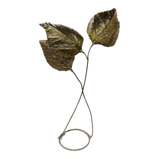 Floor Lamp by Tommaso Barbi 70s. Hans-Worked Brass, Three Large Leaves. For Sale