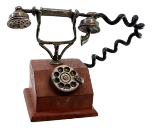 Antique Silver Telephone Miniature with Wooden Base