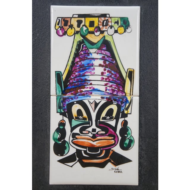 2 Julio Cuba South American Tribal Jester Face Masks Tile Art Plaque Pair For Sale - Image 6 of 12