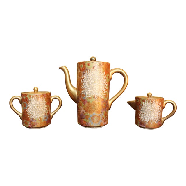 Mid 20th Century Elegant Golden Hand-Painted Satsuma 3-Piece Tea Set With Chrysanthemum and Multi/Earth-Tone Pattern For Sale