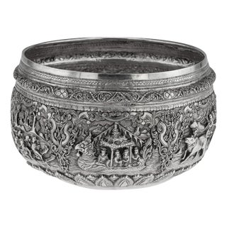 Antique Burmese Repoussé Silver Jataka Tales Bowl, 1910 For Sale