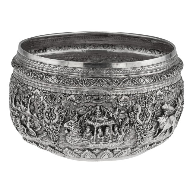 Antique Burmese Repoussé Silver Jataka Tales Bowl, 1910 For Sale