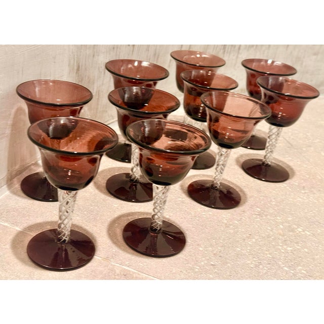 Mid-Century Modern Rare Vintage Mid-Century Bill Blenko Designed Art Glass Air Twist Amethyst Port/Dessert Glasses- Set of 10 For Sale - Image 3 of 12