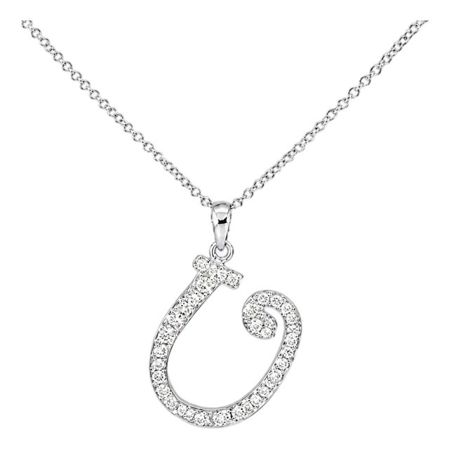 18K White Gold Diamond U Initial Pendant Slide Estate For Sale