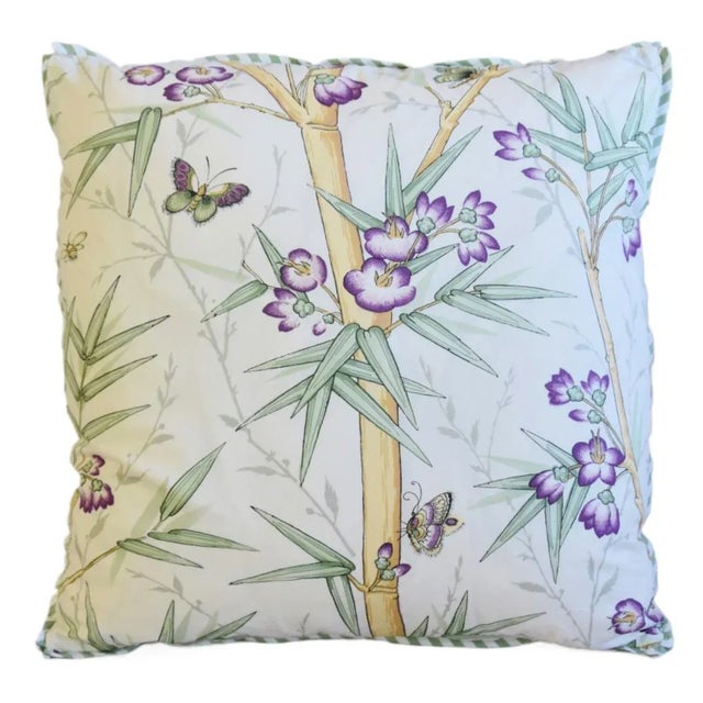 Custom-tailored pillow in designer Clarence House "Bambous Fleuris" cotton fabric. Green and white stripe cotton fabric...