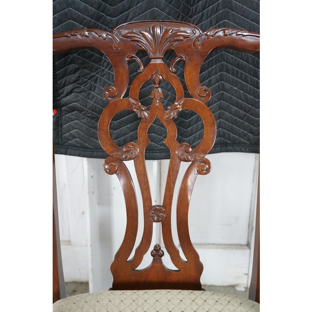 2 Late 20th Century Maitland Smith Chippendale Pierced Mahogany Dining Arm Chairs Silk Seats Pair For Sale - Image 9 of 18