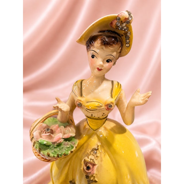 Mid 20th Century 1950s Japanese Porcelain Lady Figurine in Yellow Gown With Rhinestones & Flowers For Sale - Image 5 of 11