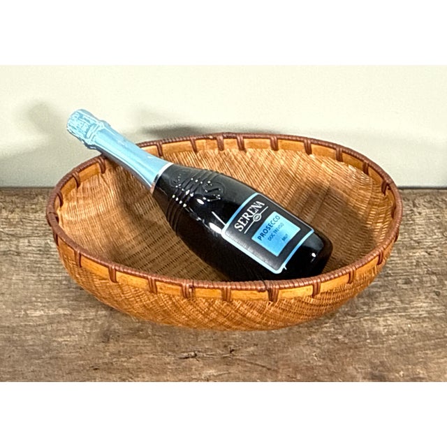 Vintage Japanese Woven Bamboo Winnowing Basket With Rattan Rim For Sale - Image 4 of 8